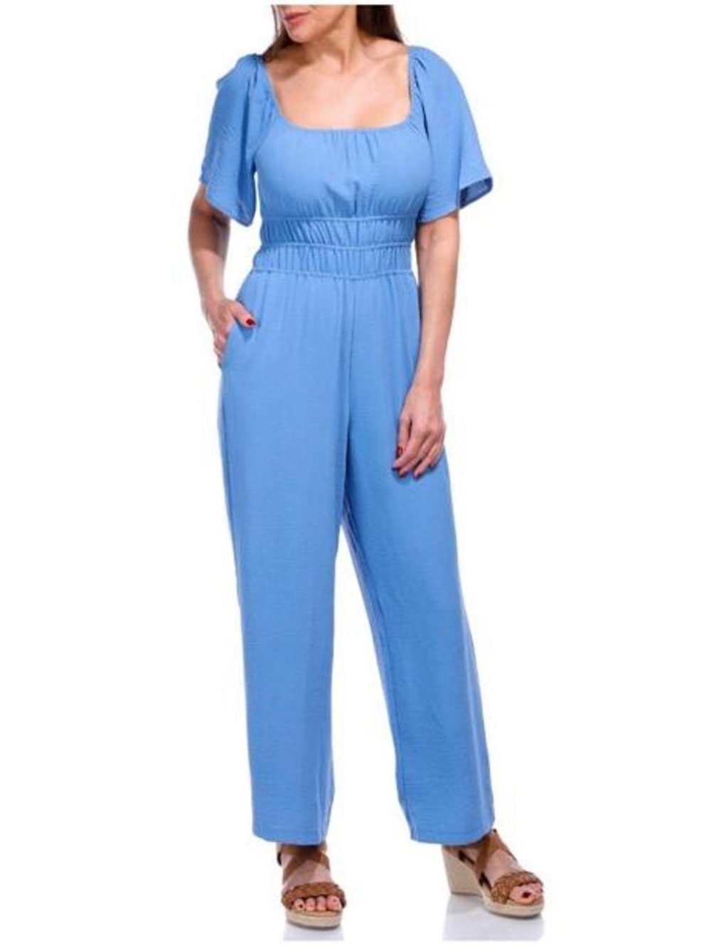 NWT Luxology Light Blue Square Neck Jumpsuit with Flutter Sleeves Size M